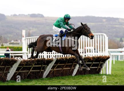 Impaire et Passe, geritten von Jockey Paul Townend, auf dem Weg, die Hürde der Ballymore Novice am zweiten Tag des Cheltenham Festivals auf der Cheltenham Rennbahn zu gewinnen. Bilddatum: Mittwoch, 15. März 2023. Stockfoto