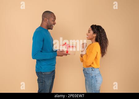 Aufgeregter schwarzer Mann, der seiner Frau ein Geschenk macht, liebevoller Mann mittleren Alters, der seiner aufgeregten Dame ein Geschenk macht, beiger Hintergrund, Seitenansicht Stockfoto