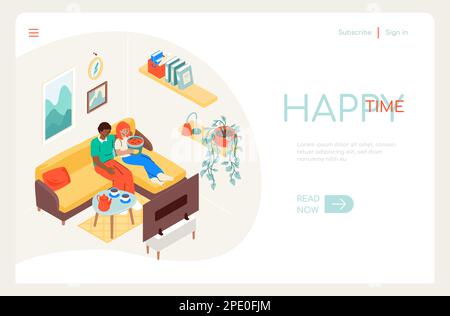 Happy Time – isometrisches Webbanner im Liniendesign Stock Vektor