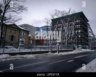 Ein Blick auf den Province House Square vom george Street Contianing Province House und neue Presseblocke mit der Fassade des Kenny-Dennis Gebäudes Stockfoto