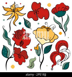Ein Set handgezeichneter Kritzelblumen und Blätter. Stock Vektor