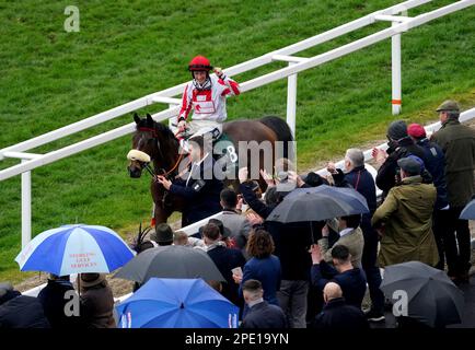 Jockey Sam Twiston-Davies feiert „The Real Whacker“, nachdem er am zweiten Tag des Cheltenham Festivals auf der Cheltenham Racecourse die „Brown Advisory Novice' Chase“ gewonnen hat. Bilddatum: Mittwoch, 15. März 2023. Stockfoto