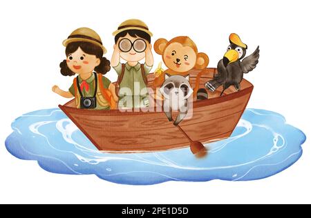 Kinder mit Campinganzug und Wildtiere auf dem Boot. Realistische Aquarellfarbe mit Papierstruktur. Zeichentrickfigur. Vector . Stock Vektor