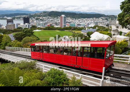 Wellington Cable Car, Seilbahn in Wellington, Neuseeland, zwischen Lambton Quay, der Haupteinkaufsstraße, und Kelburn. Ansicht von oben Stockfoto