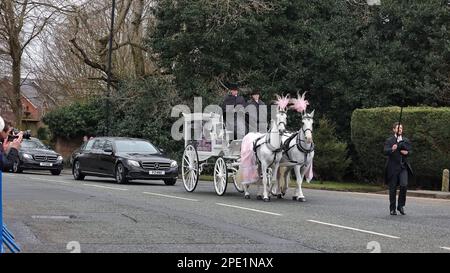 Warrington, Cheshire, Vereinigtes Königreich – 15. März 2023 – die Beerdigung von Brianna Ghey fand in der St. Elphin's Church in Warrington statt. Die Ermordung von Brianna Ghey fand am 11. Februar 2023 im Culcheth Linear Park, Borough of Warrington, Cheshire, England, statt, wo sie mit mehreren Stichwunden gefunden wurde. Zwei beschuldigte Teenager, ein Junge und ein Mädchen, beide 15 Jahre alt, sind in Polizeigewahrsam. Da Großbritannien keine Selbstausweis hat, kann die transitorische Teenagerin Brianna Ghey nicht als ihr wahres Ich begraben werden und wird nicht die würde der „geliebten Tochter“ auf ihrem Grabstein dulden. Die Kleiderordnung für die Beerdigung war Pink. Stockfoto