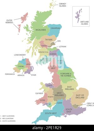 Vektorkarte des Vereinigten Königreichs mit Verwaltungsbereichen. Bearbeitbare und deutlich beschriftete Ebenen. Stock Vektor