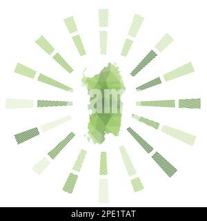 Sardinien Sonnenaufgang. Niedrige poly-gestreifte Rochen und Karte der Insel. Moderne Vektordarstellung. Stock Vektor