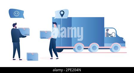Lieferung der Waren an den Käufer. Glücklicher männlicher Kunde und Lieferer mit Boxen. Fahrzeug auf weißem Hintergrund isoliert. Transport und Menschen in trendigen en Stock Vektor