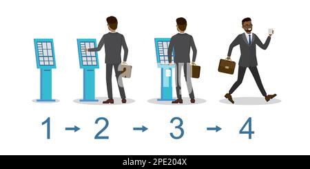 Phasen des Erwerbs eines Tickets in der Warteschlange oder des Ticketkaufs. Zeichentrickfilm afroamerikanischer Geschäftsmann und Terminal isoliert auf weißem Hintergrund. Flach Stock Vektor