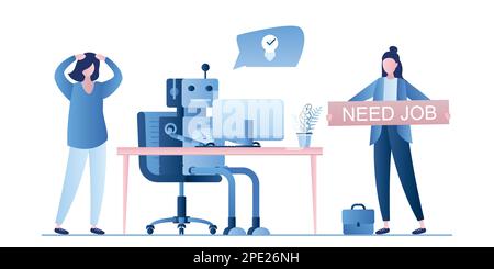 Geschäftsleute einstellen. Geschäftsmann Chef mit Stuhl und vakanten Zeichen. Weibliche Holding Board- wir stellen ein.Recruitment Konzept. Geschäftsfiguren und Mo Stock Vektor