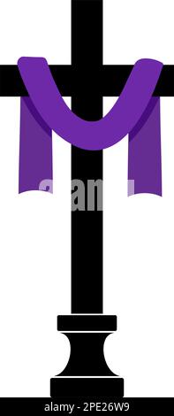Christliches Kreuz mit lila Stoffsymbol. Symbol der Heiligen Woche. Abbildung eines flachen Vektors Stock Vektor