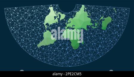 Weltkarte-Verbindung. Konische äquidistante Projektion. Grüne, niedrige Poly-Welt-Karte mit Netzwerkhintergrund. Gut vernetzte Welt für Infografiken oder Präsentationen Stock Vektor