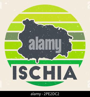 Ischia-Logo. Unterschreiben Sie mit der Karte der Insel und den farbigen Streifen, Vektordarstellung. Kann als Abzeichen, Firmenlogo, Label, Aufkleber oder Abzeichen des i verwendet werden Stock Vektor