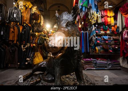 Il Porcellino ein bronzefarbener Wildschweinbrunnen in Florenz mit einer Schnauze, die roh von Besuchern eingerieben wurde, die Münzen darauf reiben, um für Glück in den Brunnen zu fallen. Stockfoto