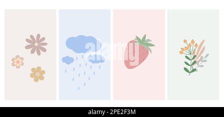 Süße, einfache Cartoon-Hintergründe sorgen für eine Vektordarstellung mit blumigen Dekorelementen Erdbeere, Blumen, Blätter, Äste, Regenwolken in ruhigen, trendigen Pastelltönen Stock Vektor