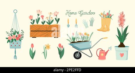 Heimgärtnern Hobby-Illustrationen Set. Vektorpflanzen, Blumen und Gartenwerkzeuge geben saisonale flache Kollektion isoliert auf Stock Vektor