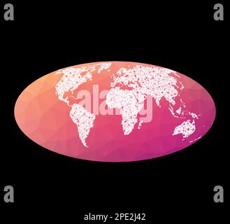 Weltnetzwerkkarte. Pseudozylindrische Mollweide-Projektion mit gleicher Fläche. Verdrahtete Kugel in Mollweide-Projektion auf geometrischen Hintergrund mit niedrigem Poly-Wert. Attraktiv Stock Vektor