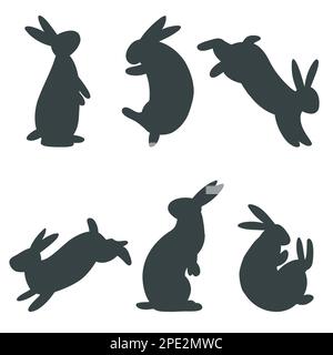 Ein minimalistisches osterhasen-Set. Vektordarstellung von Kaninchen-Silhouetten, Nutztier in verschiedenen Posen für Karte, Druck, Poster, Webdesign. Stock Vektor