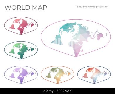 Niedrige Poly-Welt-Karte Eingestellt. Allen K. Philbricks Sinu-Mollweide-Projektion. Sammlung der Weltkarten im geometrischen Stil. Vektordarstellung. Stock Vektor