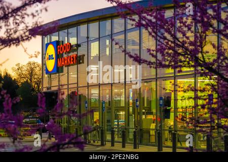 Blick von innen/außen auf den Lidl Food Market in der Abenddämmerung in Snellville (Metro Atlanta), Georgia. (USA) Stockfoto