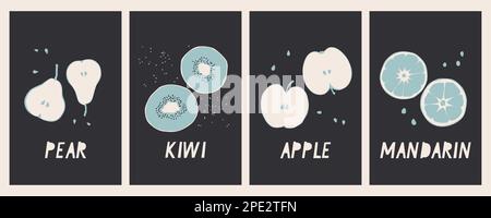 Quadriptych von Postern mit geschnittenen Früchten. Dekorativer Apfel, Kiwi, Birne und Mandarine auf schwarzem Hintergrund. Vektor-trendige Illustration. Stock Vektor