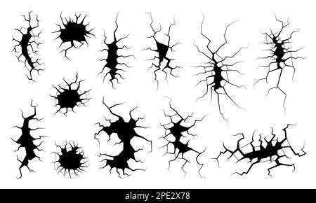 Erdbebenrisse. Geschliffene Bruchstücke. Symbole für seismische Bodenschwingungen und beschädigte Betonzerstörung. Erdbeben-Riss-schwarzes Fissurenloch-Set. Zerstörtes Land oder Mauer mit Spalten. Eps Stock Vektor