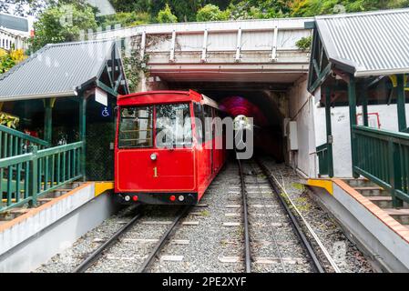 Wellington Cable Car, Seilbahn in Wellington, Neuseeland, zwischen Lambton Quay und Kelburn. Am Bahnhof Talavera vorbeifahren Stockfoto