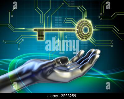 Ein Schlüssel, der mit einigen Schaltkreisen verbunden ist, und eine android-Hand, die danach greift. Digitale Illustration. Stockfoto
