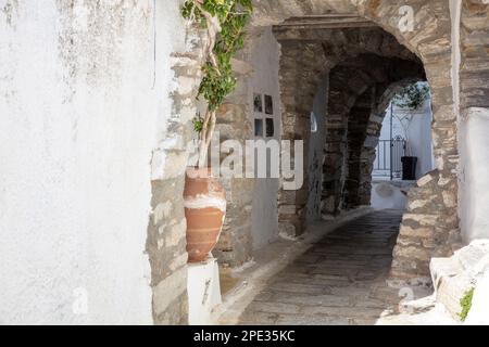 Tinos Insel Griechenland. Kykladische Architektur im Dorf Kardiani, bogenförmige Steinmauer bedeckt eine enge kopfsteingepflasterte Gasse, weiße Wand. Vertikal Stockfoto