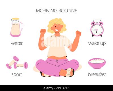 Infografik-Vektor für Routine-Tagestipps am Morgen. Aufwachen, Frühstück am Morgen, Fitness. Stock Vektor