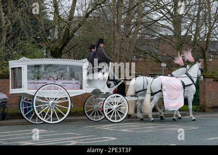 Warrington Parish Church/St. Elfin's Church, Warrington, Großbritannien - 15. März 2023 - die Beerdigung von Brianna Ghey in St. Elfin's Church in Warrington. Die Trauernden wurden gebeten, bei einer Feier von briannas Leben rosa zu tragen. Brianna, ein Transgender-Mädchen, wurde am Samstag, den 11. Februar, in Culcheth Linear Park, Warrington, Cheshire, erstochen. Sie war 16 Jahre alt. Ein Mädchen aus Warrington, Cheshire und ein Junge aus Leigh, Lancashire, beide im Alter von 15 Jahren, wurden wegen Mordes angeklagt. Credit Mark Lear/Alamy Live News Stockfoto