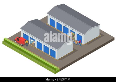 Isometrisches Äußeres eines modernen Lagerraums für ein Lager von Haushaltsgeräten, Lampen, Sesseln, Boxen, Fahrrädern und anderen Dingen. Lager von Stock Vektor
