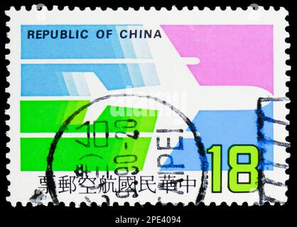 MOSKAU, RUSSLAND - 15. FEBRUAR 2023: Portostempel gedruckt in China zeigt Flugzeuge, Luftpost Poststempelserie, circa 1987 Stockfoto