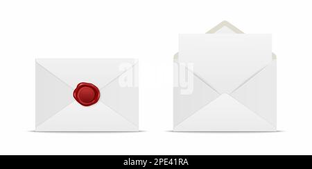 Vector Realistic White geschlossener Umschlag mit roter Wachsversiegelung und geöffnetem Umschlag mit Letter im Inneren. Symbolgruppe gefalteter und abgewickelter weißer Briefumschlag isoliert Stock Vektor