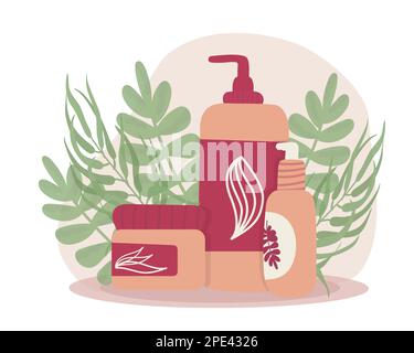 Kosmetikprodukte für die Schönheitspflege Bündel aus organischen Kosmetika und Make-up-Artikeln in Flaschen, Tuben und Gläsern. Vektordarstellung Stock Vektor