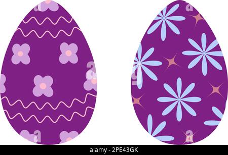 Set mit 2 Ostereiern in trendy Lila mit abstraktem Muster von welligen Linien, Sternen und Blumen. Frohe Ostern. Aufkleber. Symbol. Isolieren. Design für Poster, Banner, Broschüren oder Grußtexte, Anhänger, Etiketten. EPS Stock Vektor