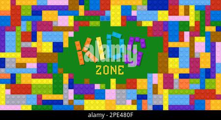 Hintergrund der Kinderzone mit Ziegelsteinen. Vektorbanner mit bunten Bauteilen aus Kunststoff und Bauspielzeugelementen, Kinderspielplatz, Spiel sind Stock Vektor