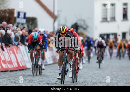 Der belgische Tim Merlier von Soudal Quick-Step feiert, dass er die Ziellinie überquert und das eintägige Radrennen „Nokere Koerse“ gewinnt, 193,6 km von Deinze nach Nokere, Mittwoch, den 15. März 2023. BELGA FOTO DAVID PINTENS Stockfoto