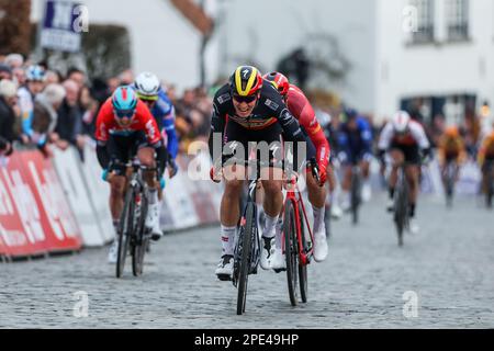 Der belgische Tim Merlier von Soudal Quick-Step feiert, dass er die Ziellinie überquert und das eintägige Radrennen „Nokere Koerse“ gewinnt, 193,6 km von Deinze nach Nokere, Mittwoch, den 15. März 2023. BELGA FOTO DAVID PINTENS Stockfoto