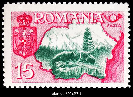 MOSKAU, RUSSLAND - 17. FEBRUAR 2023: Poststempel gedruckt in Aschenputtel zeigt Internationale Landwirtschaftsausstellung, Fauna, Serie, ca. 1956 Stockfoto