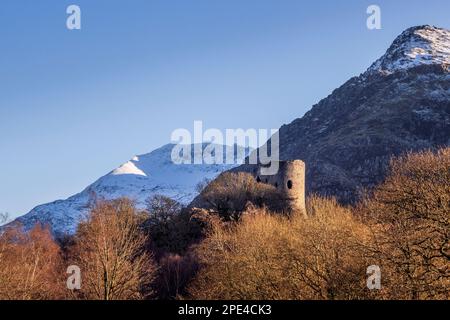 Dolbadarn Castle mit einem schneebedeckten Derlwyn Berg in der Wintersonne am späten Nachmittag, Gwynedd, Nordwales Stockfoto