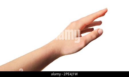 Weibliche Hand, die nach etwas greift. Handbewegung. Isoliert auf weißem Hintergrund. Stockfoto