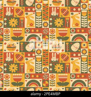 Nahtloses Osterdesign im Retro-Look. Wiederholbares abstraktes Nostalgie-Muster mit Häschen, Ei, Korb und Blumen. Vektordarstellung. Minimalismus Stock Vektor