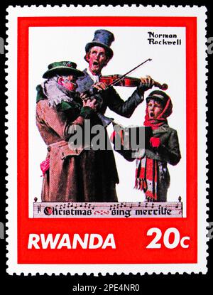 MOSKAU, RUSSLAND - 17. FEBRUAR 2023: In Ruanda gedruckte Briefmarke zeigt Musiker, Gemälde der Norman Rockwell Serie, ca. 1981 Stockfoto