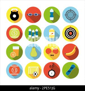 Kollektion von Ikonen mit verschiedenen Sportarten und gesundem Essen in flachem Design mit Schatten Stockfoto