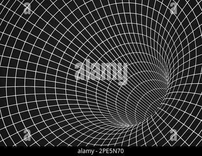 Weißes Drahtmodell-Wurmloch auf schwarzem 3D-Trichter oder Portal. Grafische Illusion von Gitterloch, Linienverzug, abstrakte geometrische Netzvektordarstellung auf dunklem Hintergrund Stock Vektor