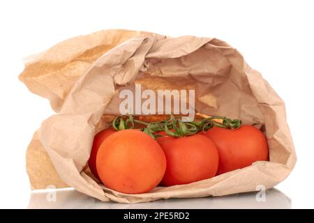 Mehrere frische Tomaten auf einem Zweig in einer Papiertüte, Makro, isoliert auf weißem Hintergrund. Stockfoto