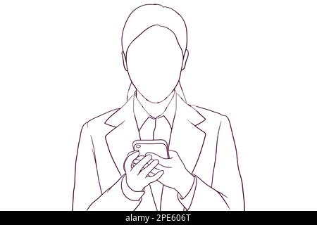 Junge Geschäftsfrau, die ein Smartphone mit einer handgezeichneten Vektordarstellung benutzt Stock Vektor