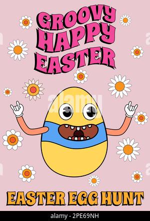 Groovy Happy Easter Poster Vintage. Lustiges Ei, Ostereiersuche Stock Vektor