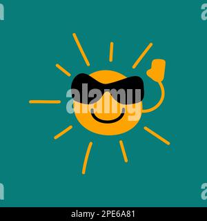 Fröhliche, lächelnde Cartoon-Figur süße Sonne. Guten Sommertag, Morgensymbol. Sonnenschein, Begrüßungskarte Stock Vektor